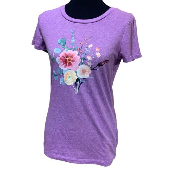 Hand Printed Upcycled Medium Watercolor Summer Flower Peony Aster Bouquet Tee - Picture 1 of 3